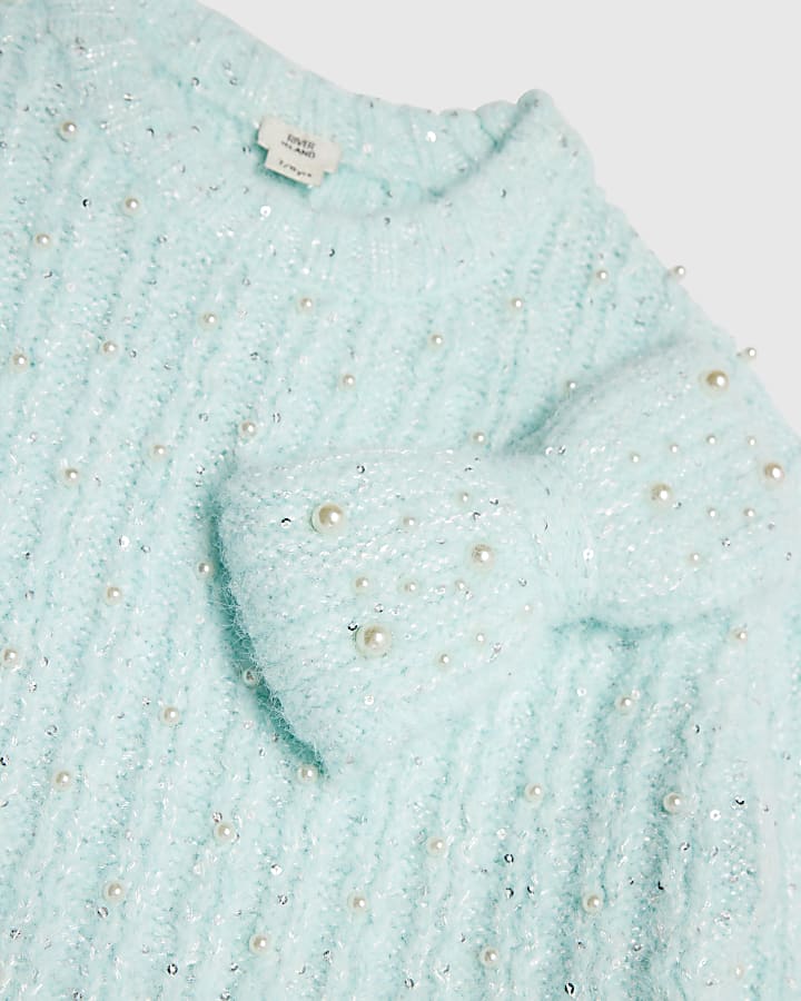 Girls Blue Pearl Bow Jumper Dress