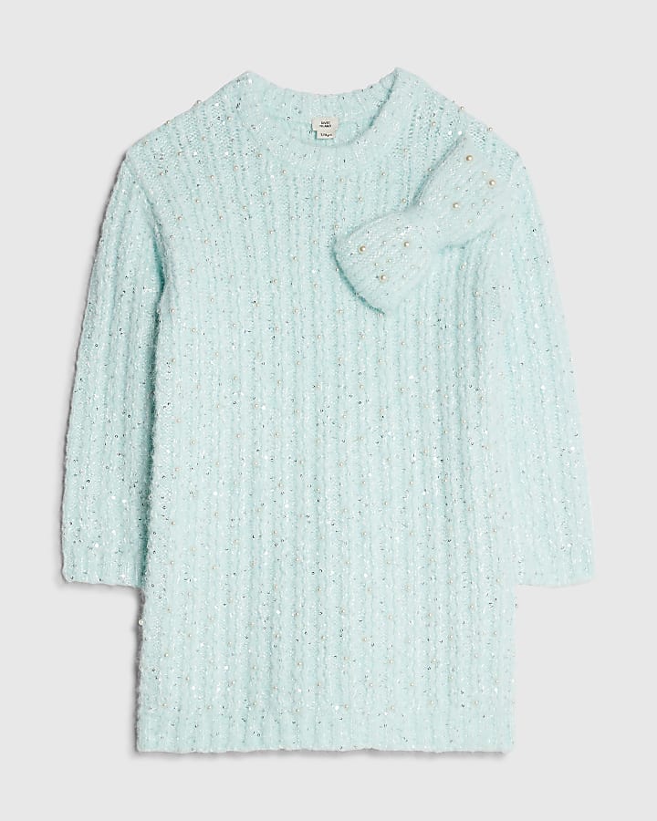 Girls Blue Pearl Bow Jumper Dress