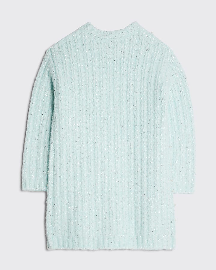 Girls Blue Pearl Bow Jumper Dress