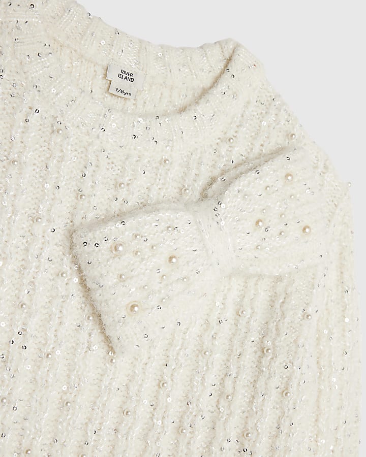 Girls Cream Pearl Bow Jumper Dress