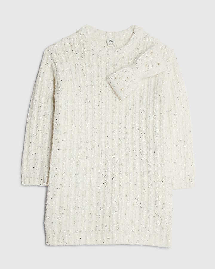 Girls Cream Pearl Bow Jumper Dress