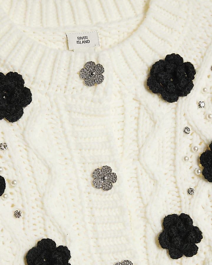 Girls Cream Embellished Flower Cardigan