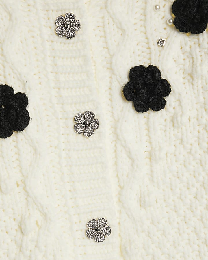 Girls Cream Embellished Flower Cardigan