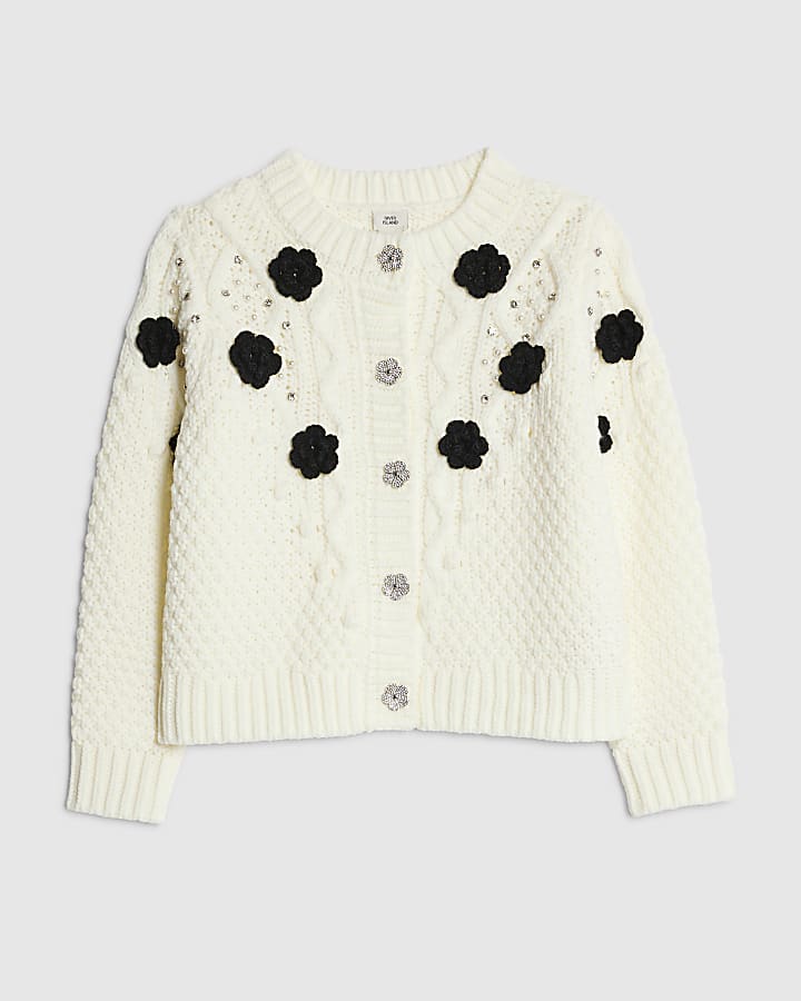 Girls Cream Embellished Flower Cardigan