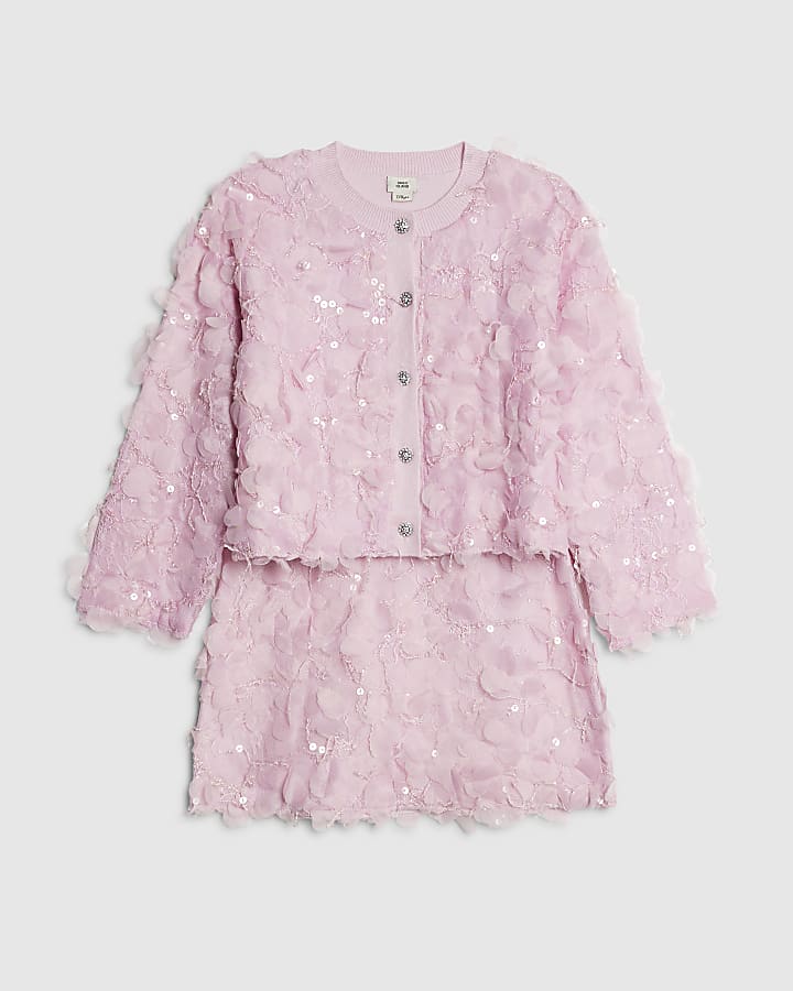 Girls Pink 3D Floral Skirt Set