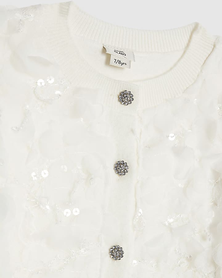 Girls White 3D Floral Skirt Set