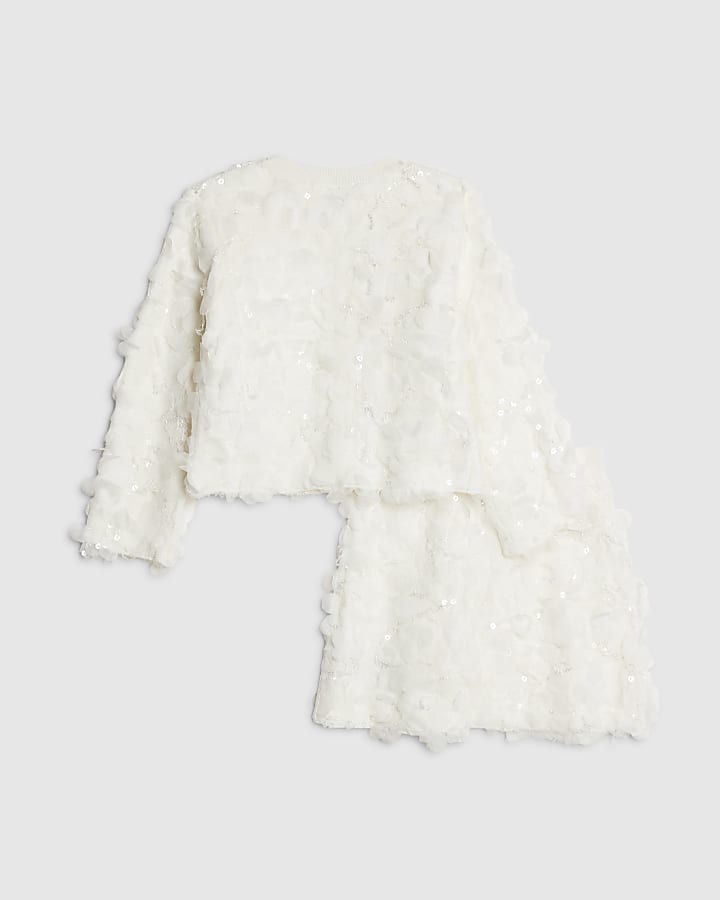 Girls White 3D Floral Skirt Set