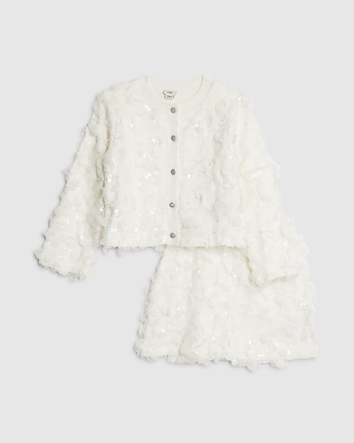 Girls White 3D Floral Skirt Set