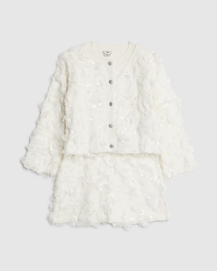 Girls White 3D Floral Skirt Set