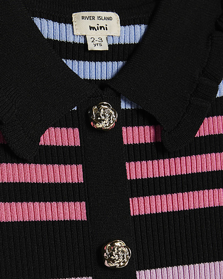 Mini Girls Black Stripe Polo Shirt Set