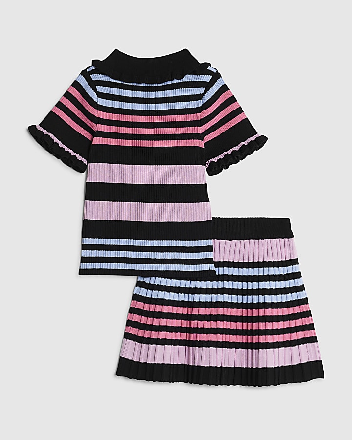 Mini Girls Black Stripe Polo Shirt Set