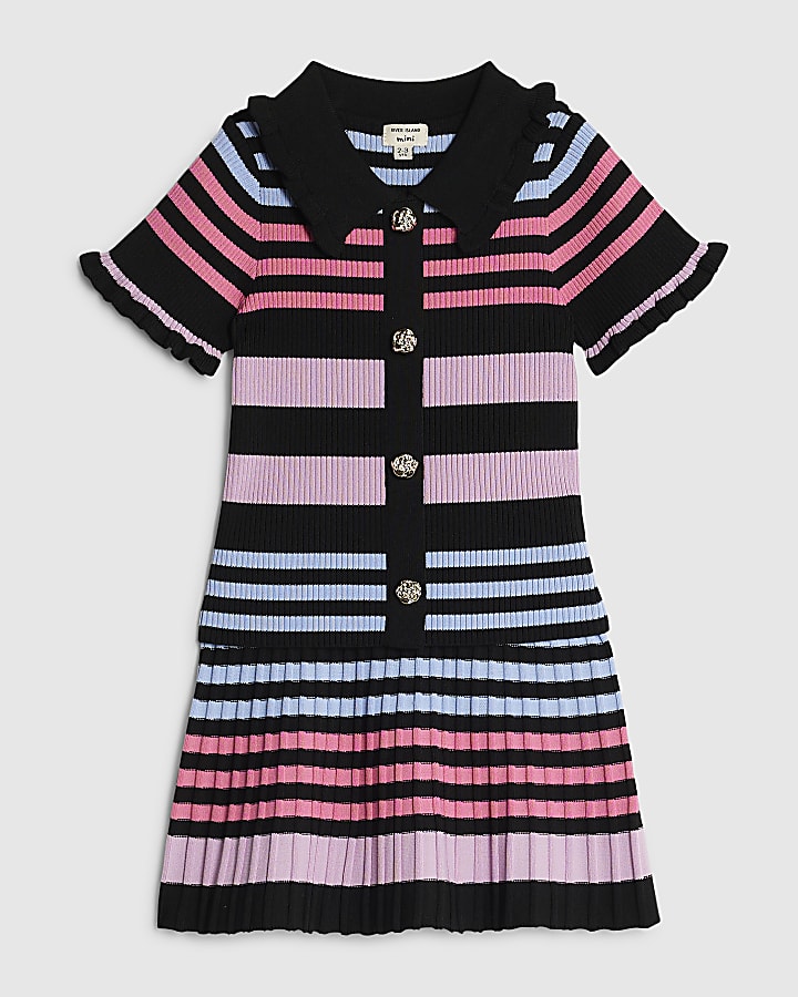 Mini Girls Black Stripe Polo Shirt Set