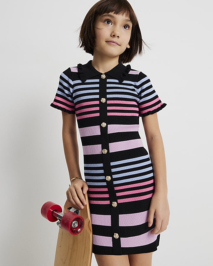 Girls Black Stripe Polo Dress
