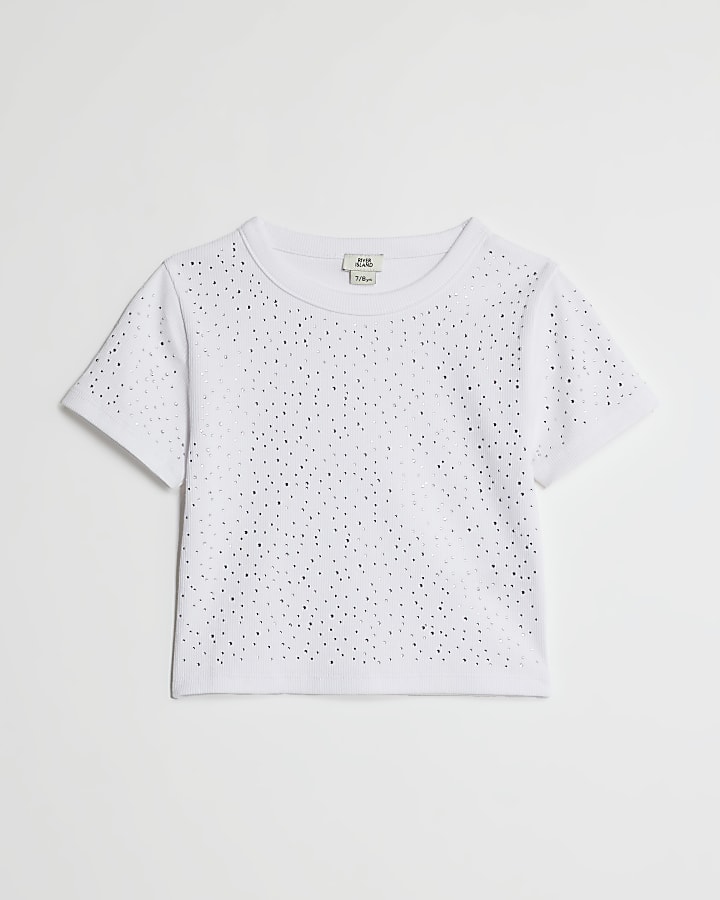 Girls White Embellished T-Shirt