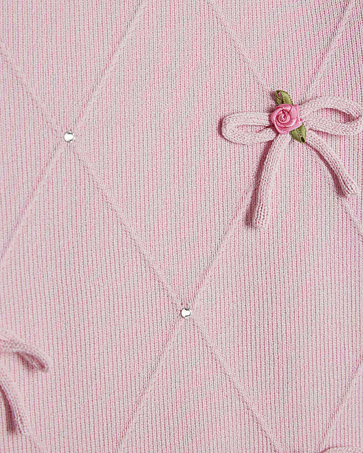 Girls Pink Rose Bow Diamante Top