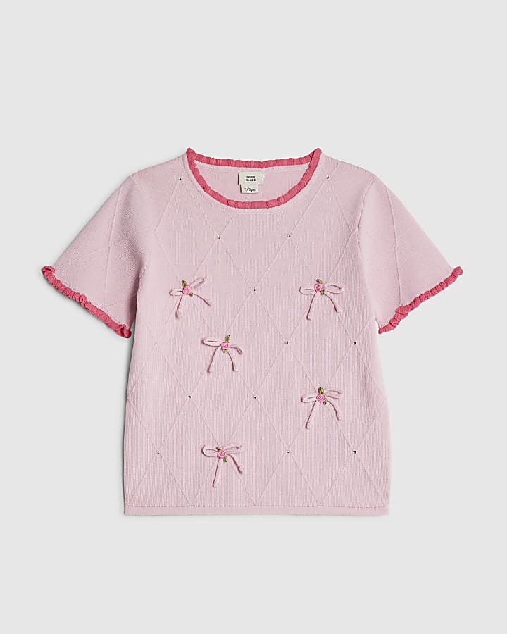 Girls Pink Rose Bow Diamante Top