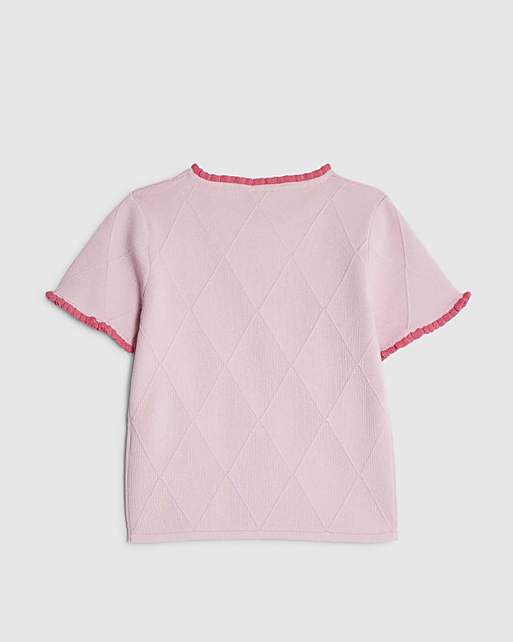 Girls Pink Rose Bow Diamante Top