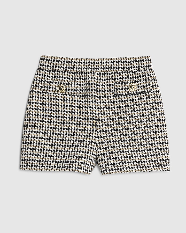 Girls Beige Check Button Shorts