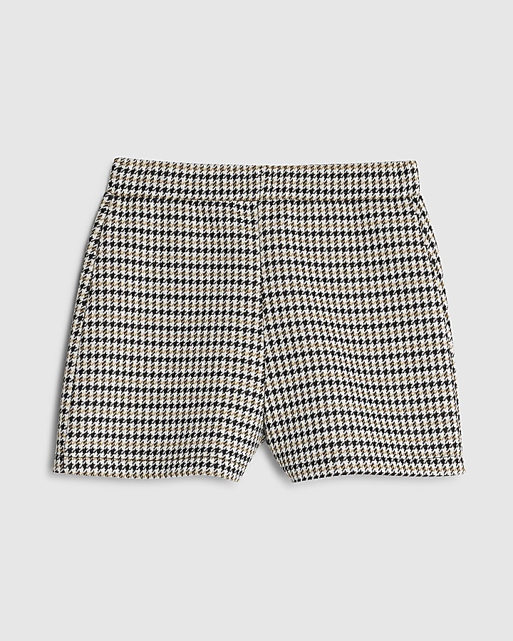 Girls Beige Check Button Shorts