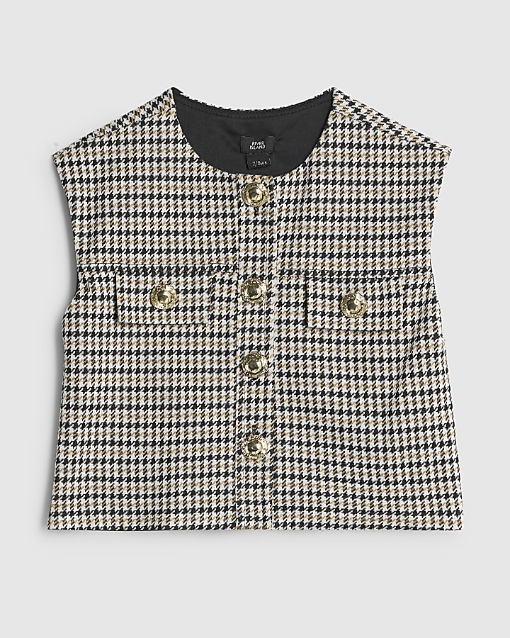 Girls Beige Check Button Top