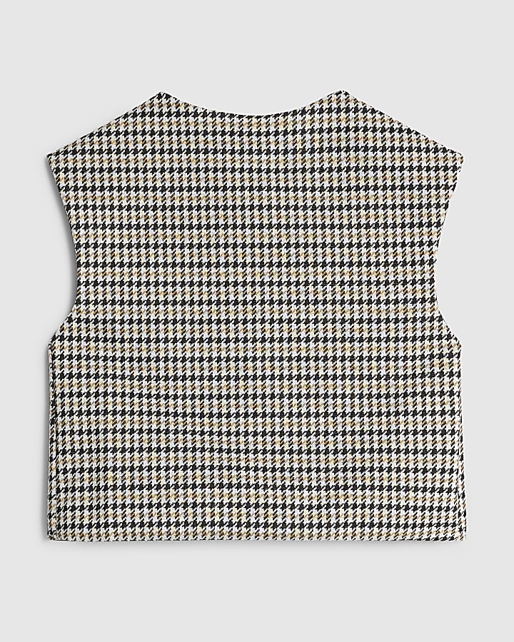 Girls Beige Check Button Top