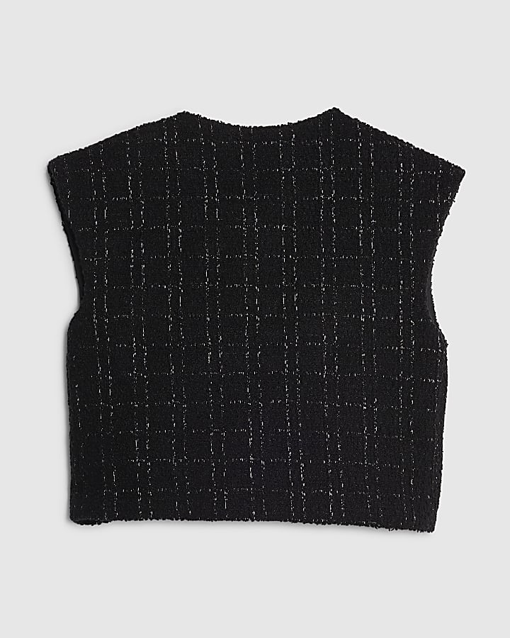 Girls Black Boucle Button Up Top