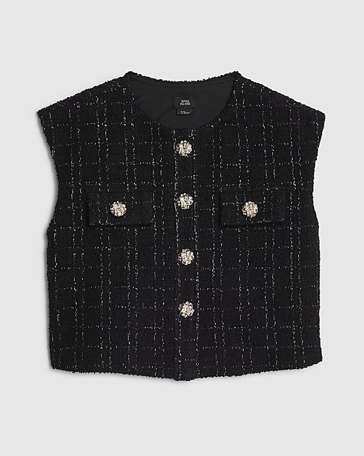 Girls Black Boucle Button Up Top