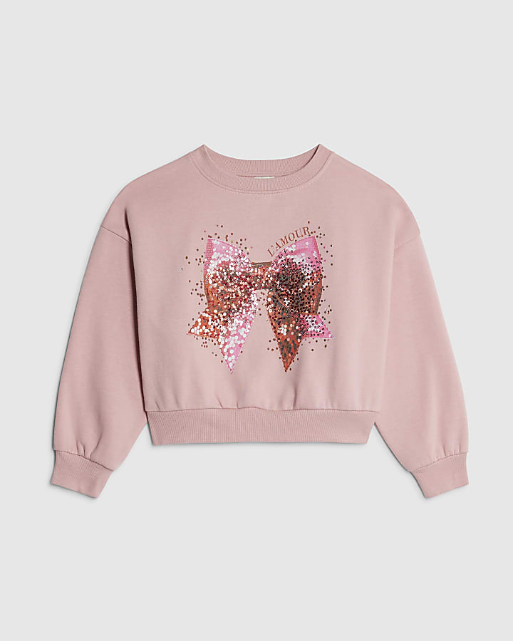 Girls Pink Embellished Bow Sweatshirt