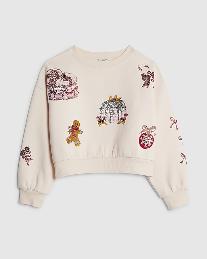 Girls Pink Embellished Christmas Sweatshirt