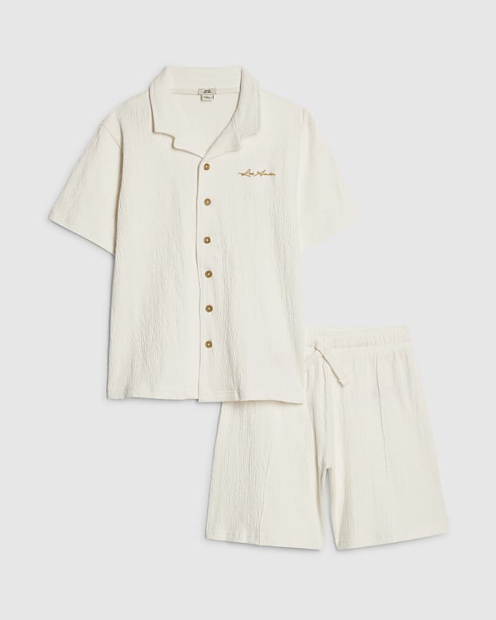 Boys White Textured Shirt Set