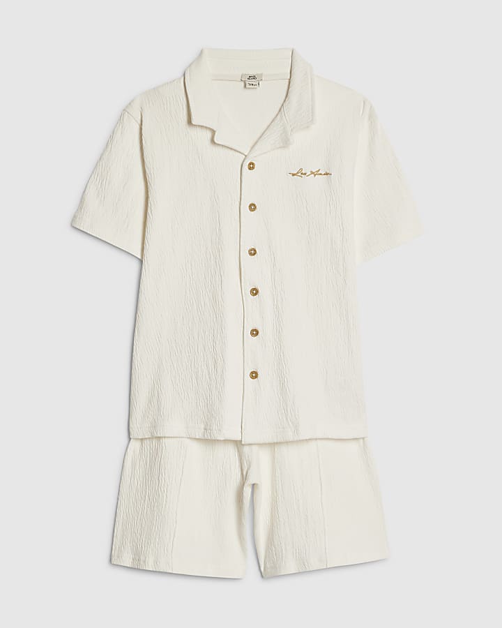 Boys White Textured Shirt Set