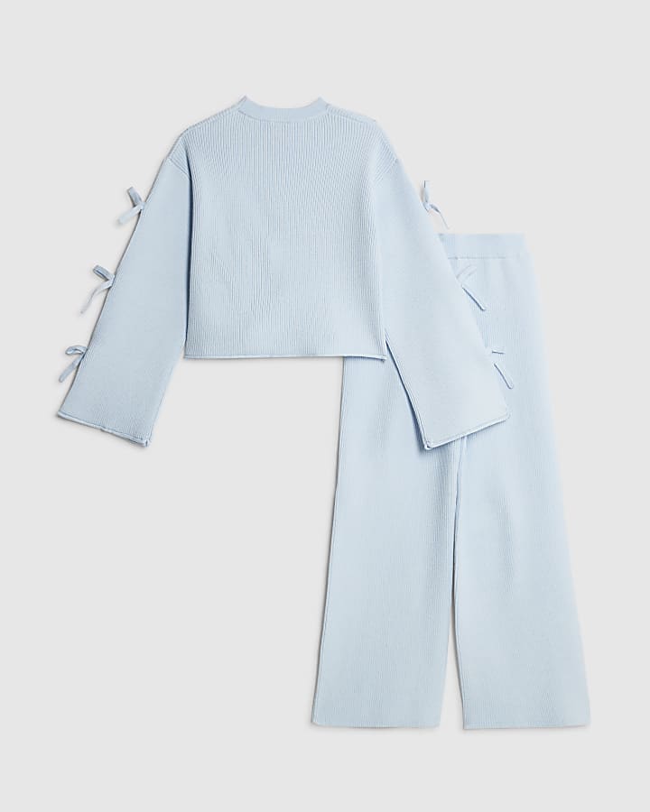 Girls Blue Cut Out Bow Jumper Set