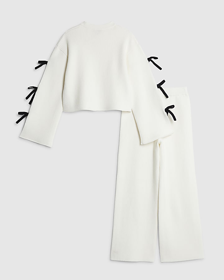 Girls Cream Cut out Bow Jumper Set