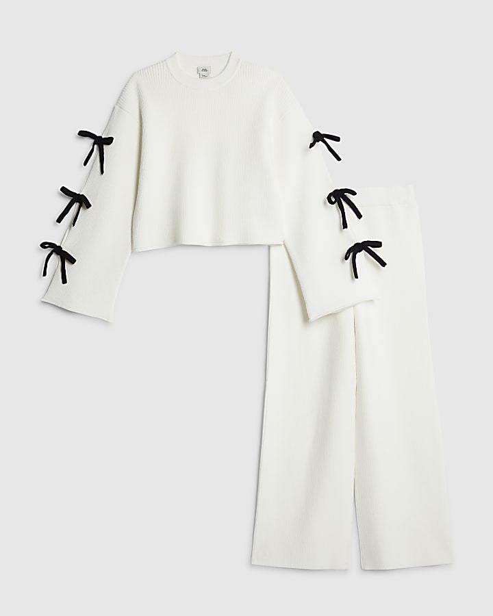 Girls Cream Cut out Bow Jumper Set