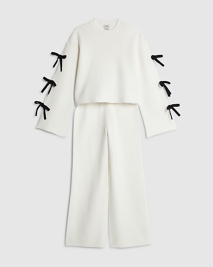 Girls Cream Cut out Bow Jumper Set