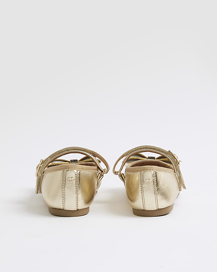 Girls Gold Metallic Bow Ballerina Pumps