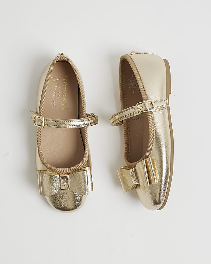 Girls Gold Metallic Bow Ballerina Pumps