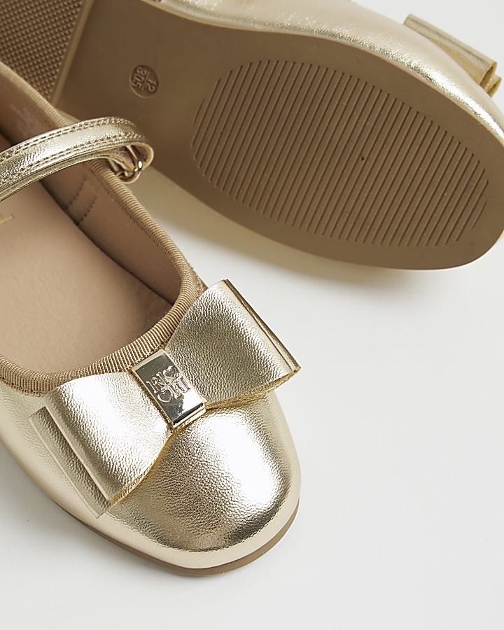 Girls Gold Metallic Bow Ballerina Pumps