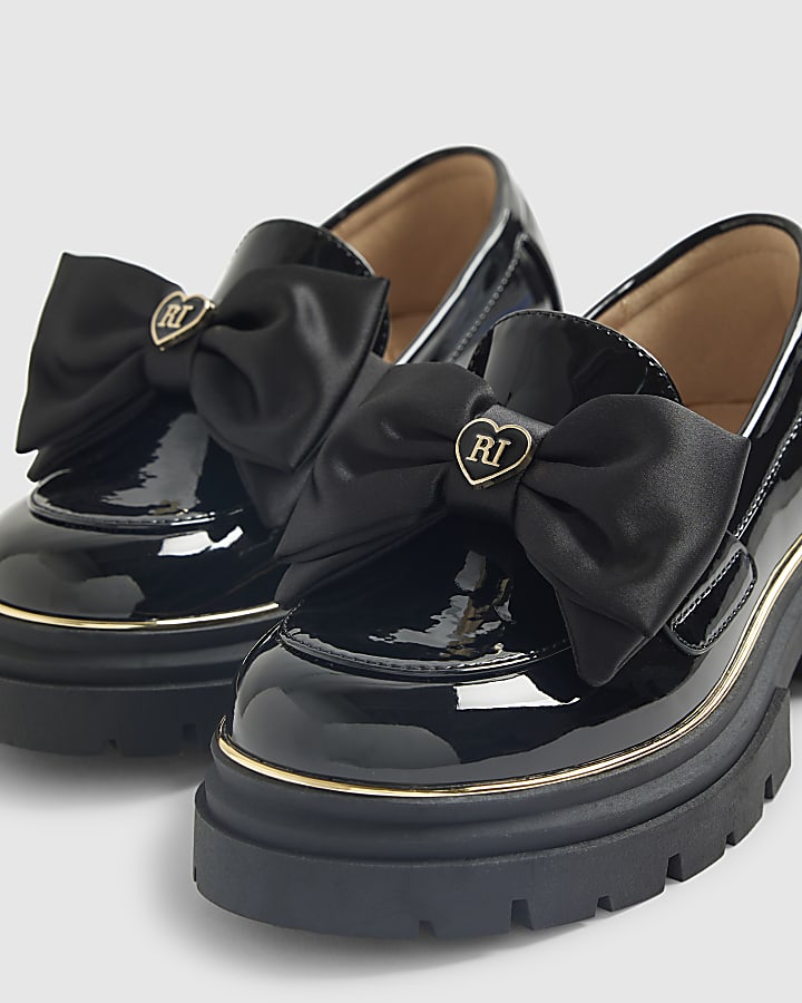 Girls Black Patent Bow Chunky Loafers