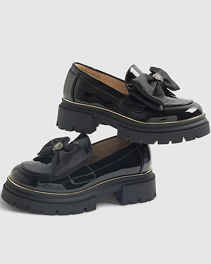 Girls Black Patent Bow Chunky Loafers