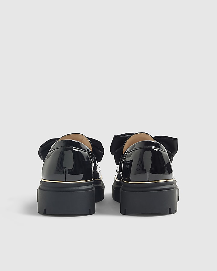 Girls Black Patent Bow Chunky Loafers