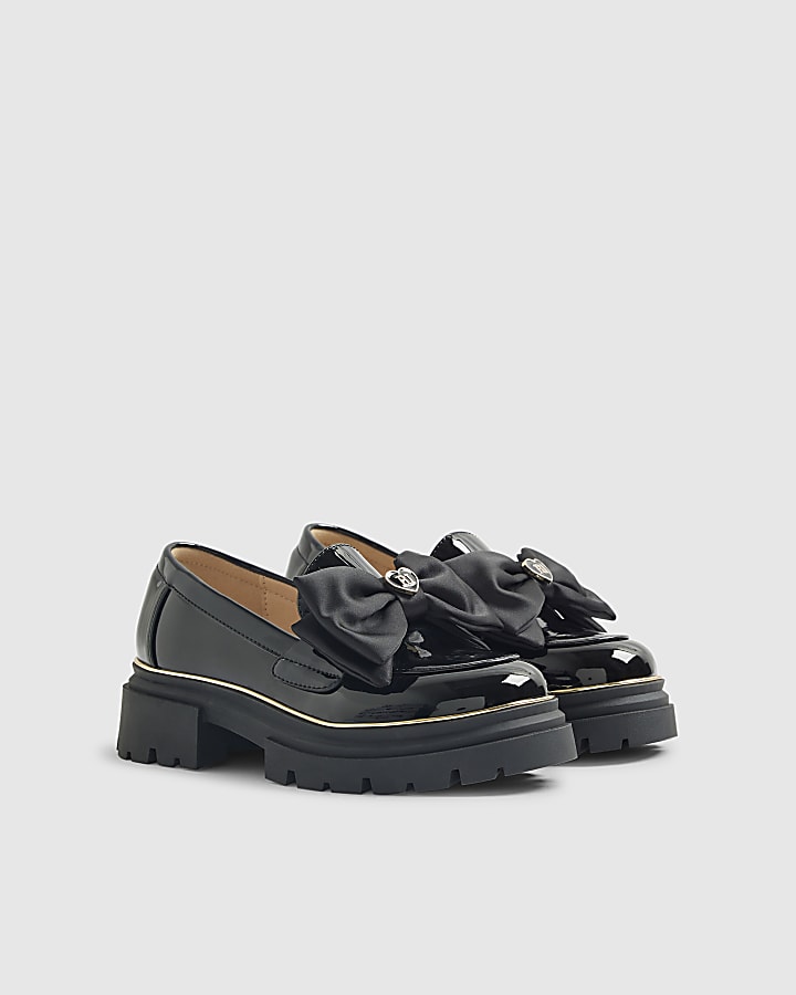 Girls Black Patent Bow Chunky Loafers