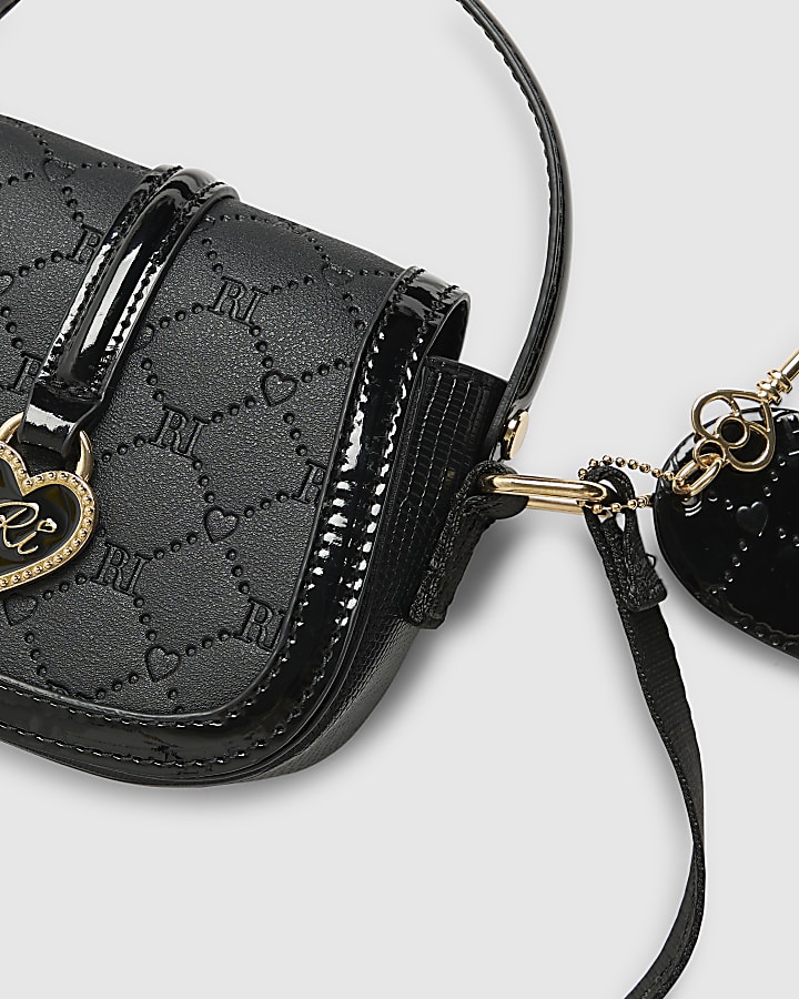 Girls Black Heart Monogram Cross Body Bag