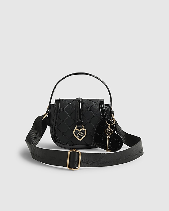 Girls Black Heart Monogram Cross Body Bag