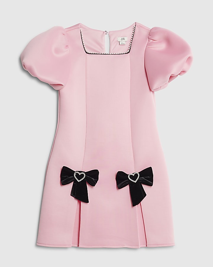 Girls Pink Bow Hem Puff Sleeve Dress