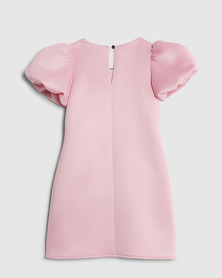Girls Pink Bow Hem Puff Sleeve Dress