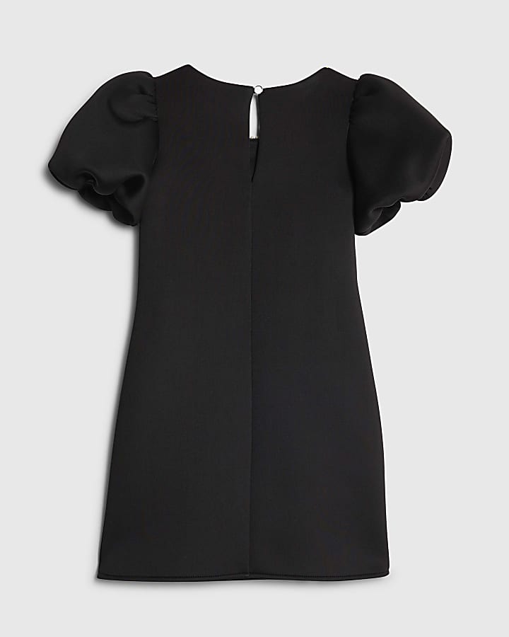 Girls Black Bow Hem Puff Sleeve Dress