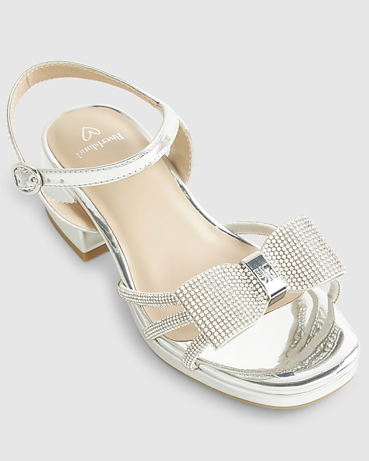 Girls Silver Diamante Bow Heeled Sandals