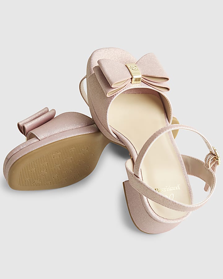 Girls Pink Glitter Bow Heeled Sandals