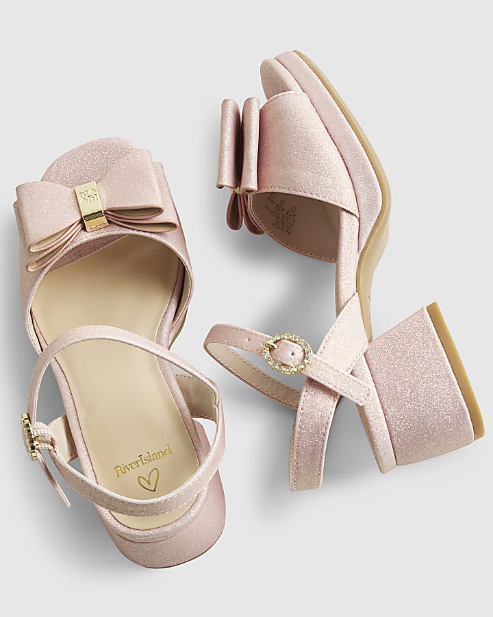 Girls Pink Glitter Bow Heeled Sandals